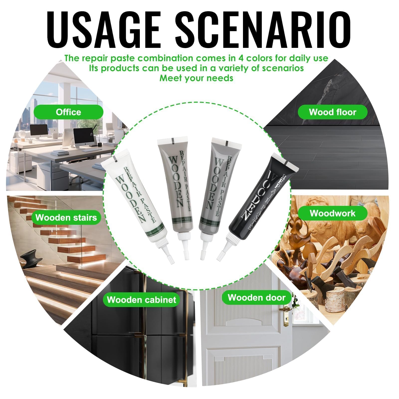 Kit di riparazione per mobili in legno, riempitivo per ritocchi nero, grigio chiaro, grigio scuro, bianco, kit di riparazione per pavimenti in laminato di rovere per graffi, crepe, buchi e macchie