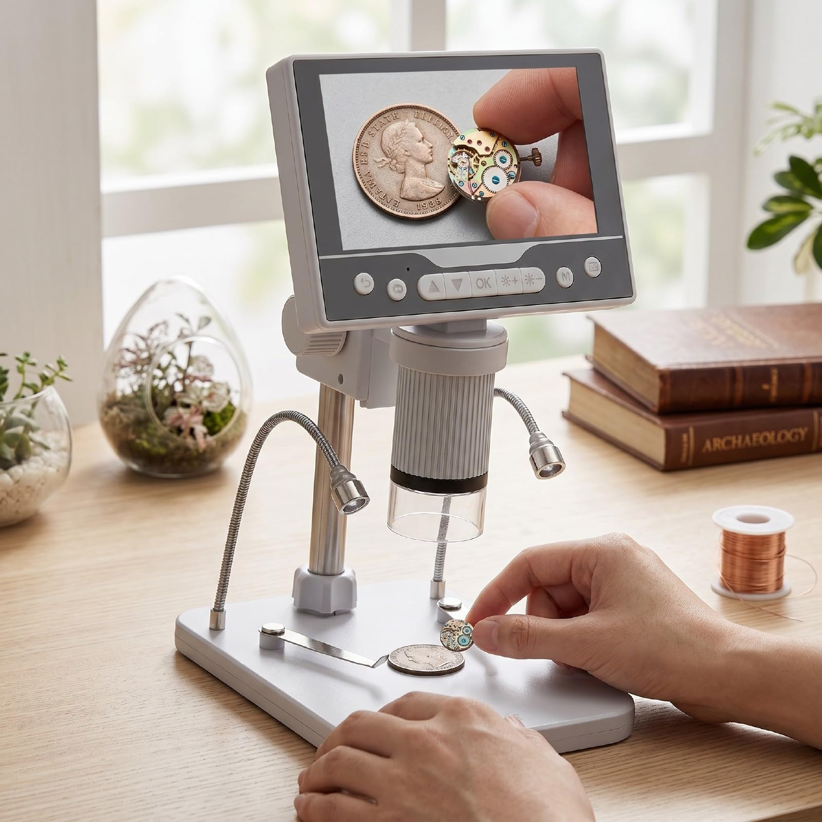 Digitales Mikroskop, 1000-faches Münzmikroskop mit 5-Zoll-1080P-LCD-Bildschirm, 8 Einstellbaren LED-Leuchten, Wiederaufladbare USB-C-Mikroskopkamera für Münzsammlung,