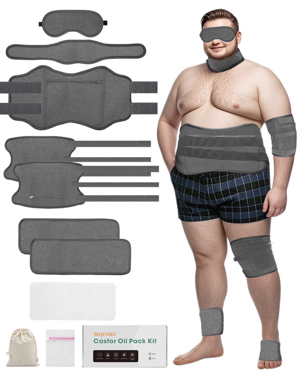 10 Pcs Castor Oil Pack Wrap for Men, Plus Size Castor Oil Packs for Men Women, XL Reusable Castor Oil Wraps Set for Eyes Neck Stomach Waist Knees Legs Feet, Flannel Cotton, Machine Washable(Dark Gray)