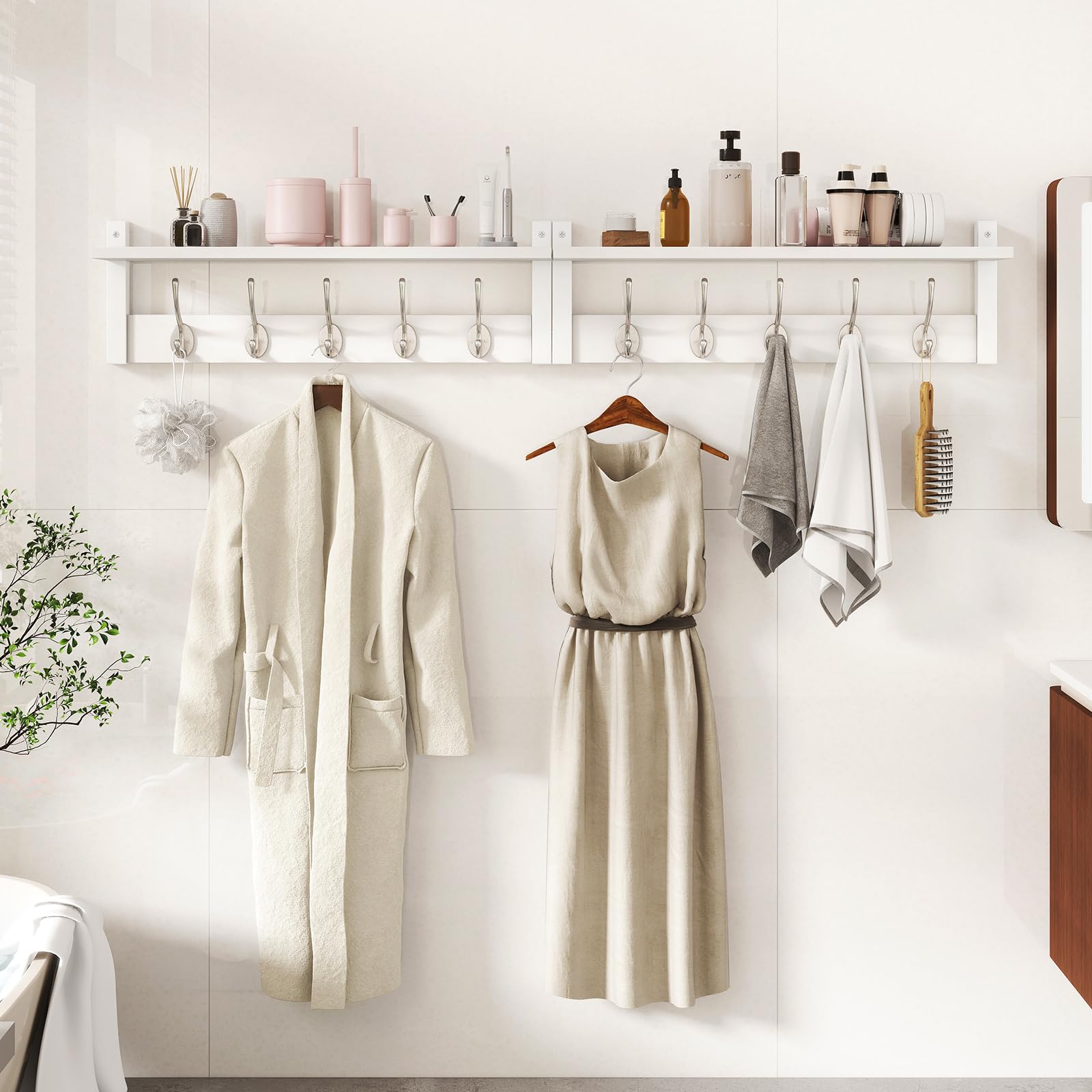 YMYNY 2 en 1 Grand Porte Manteau Mural Bois, Blanc HWS004W-2 | Patère murale avec 10 crochets doubles, porte manteau pour Salle de bain, Entrée, Chambre