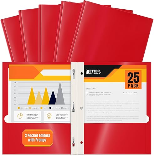 Better Office Products Carpetas de papel rojo brillante de 2 bolsillos con puntas, paquete de 25, tamaño carta, portafolios de papel rojo brillante