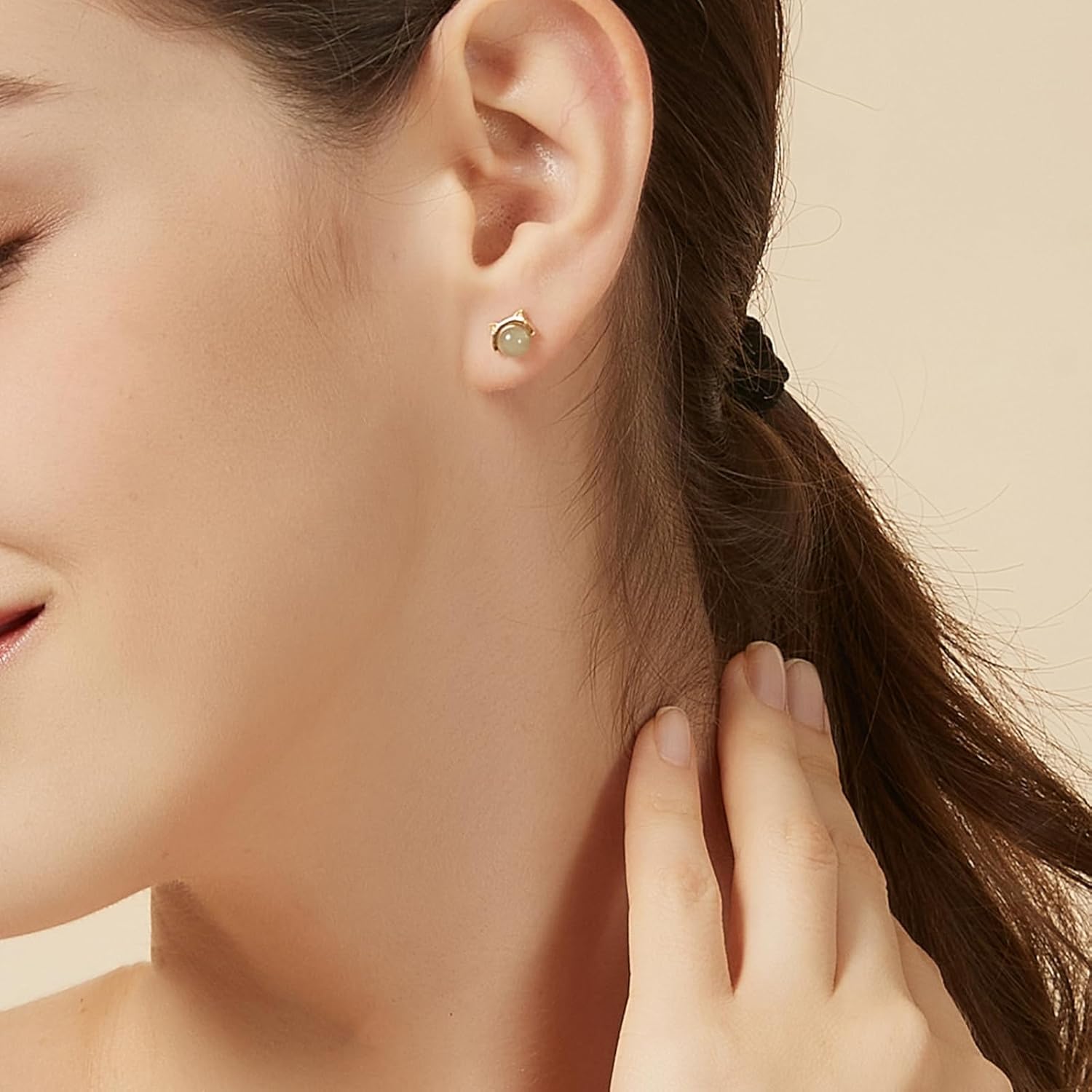 Natural Jade Earring Cat stud earrings for women 5mm Light Green Gold Jade Earrings Cat lover gifts for women Gifts for Birthday Anniversary (925 Sterling Silver Gold Plated) - Image 5