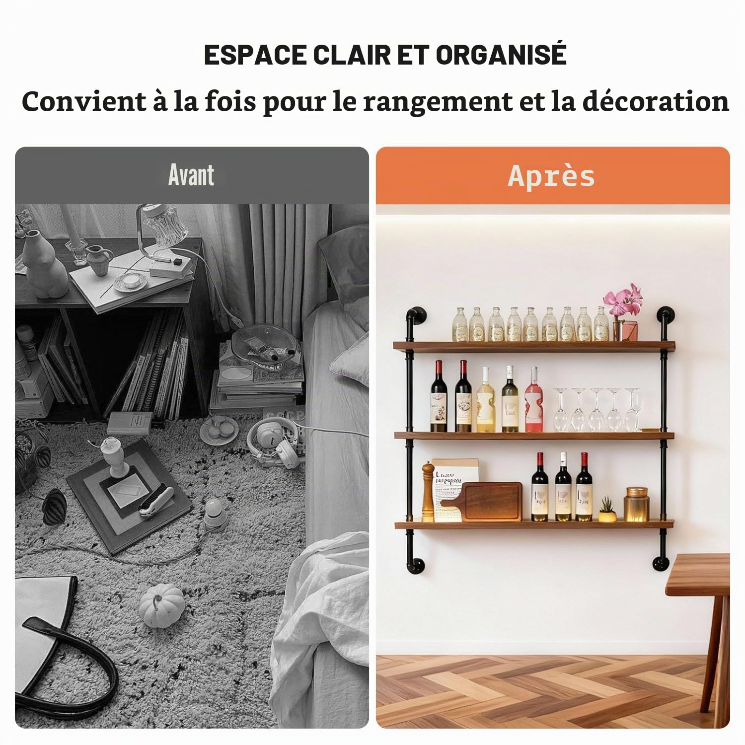 120 cm Porte-bouteilles De Vin Mural LED à 3 Niveaux, Étagère Murale Bar Style Industriel en Bois et Métal avec Éclairage LED, Casier a Vin Mural Porte Bouteille pour Cuisine, Salon, Bar & Restaurant