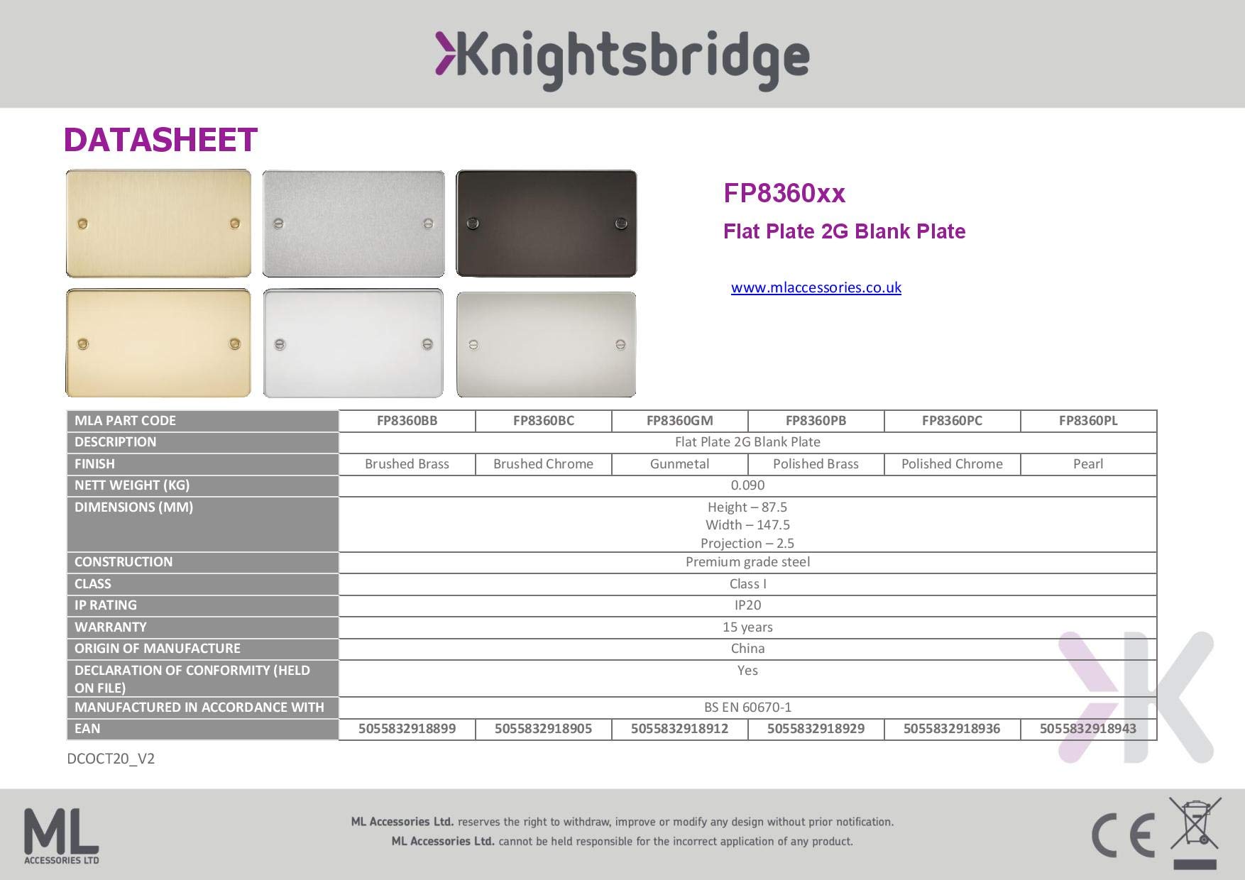 Piastra copripresa piatta per scatola a 2 moduli, in ottone spazzolato, Knightsbridge FPAV8360BB