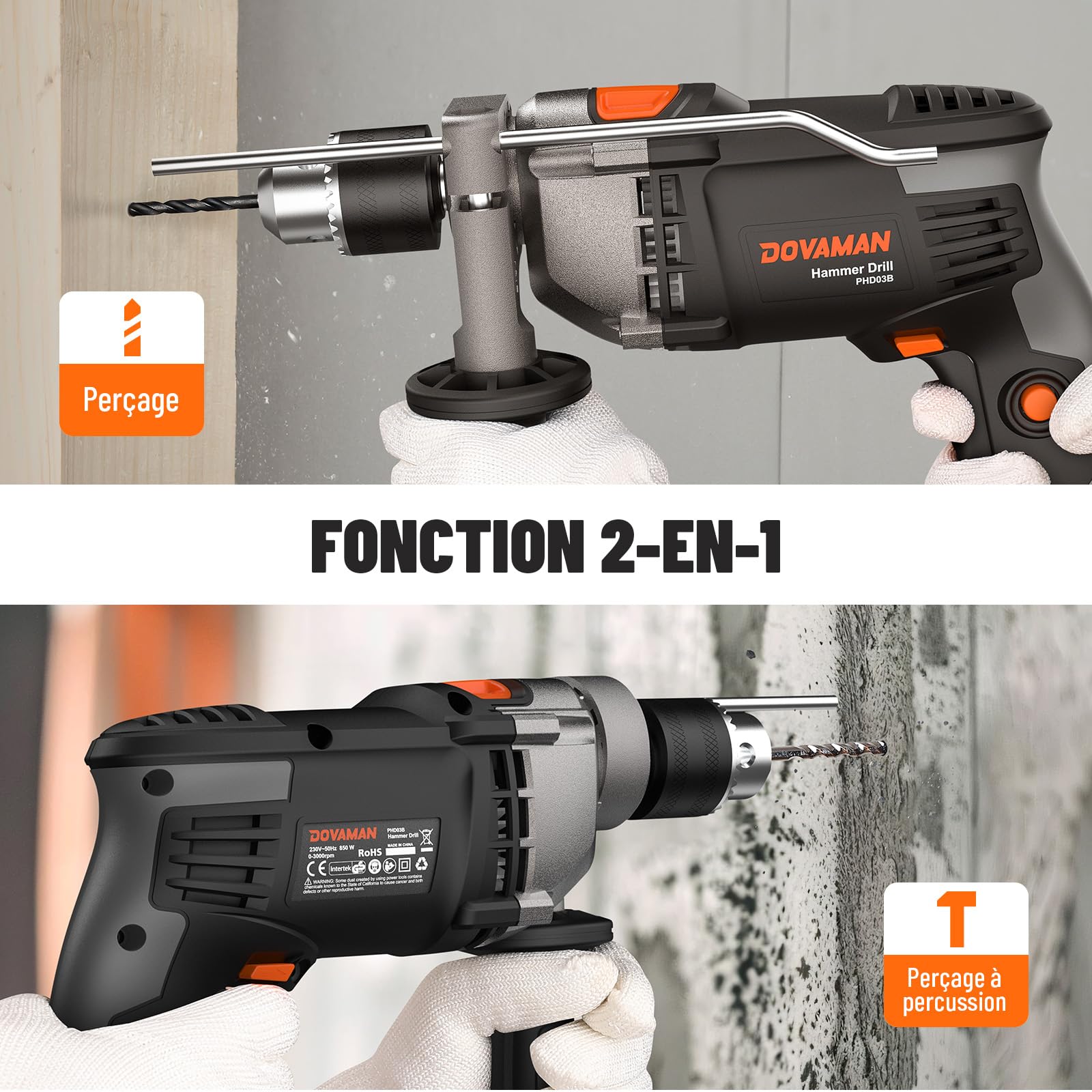 DOVAMAN Perceuse à Percussion 850W avec Mandrin Métallique 13mm – Perceuse Électrique avec Fil à Vitesse Variable 0–3000 tr/min – Pour Béton, Métal, Bois – Livrée avec Forets et Mallette