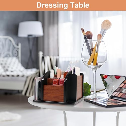 Miniatura 4 de Coideal - Organizador giratorio de madera para guardar controles remoto o artículos de escritorio y oficina, con 4 compartimentos, marrón (brown &