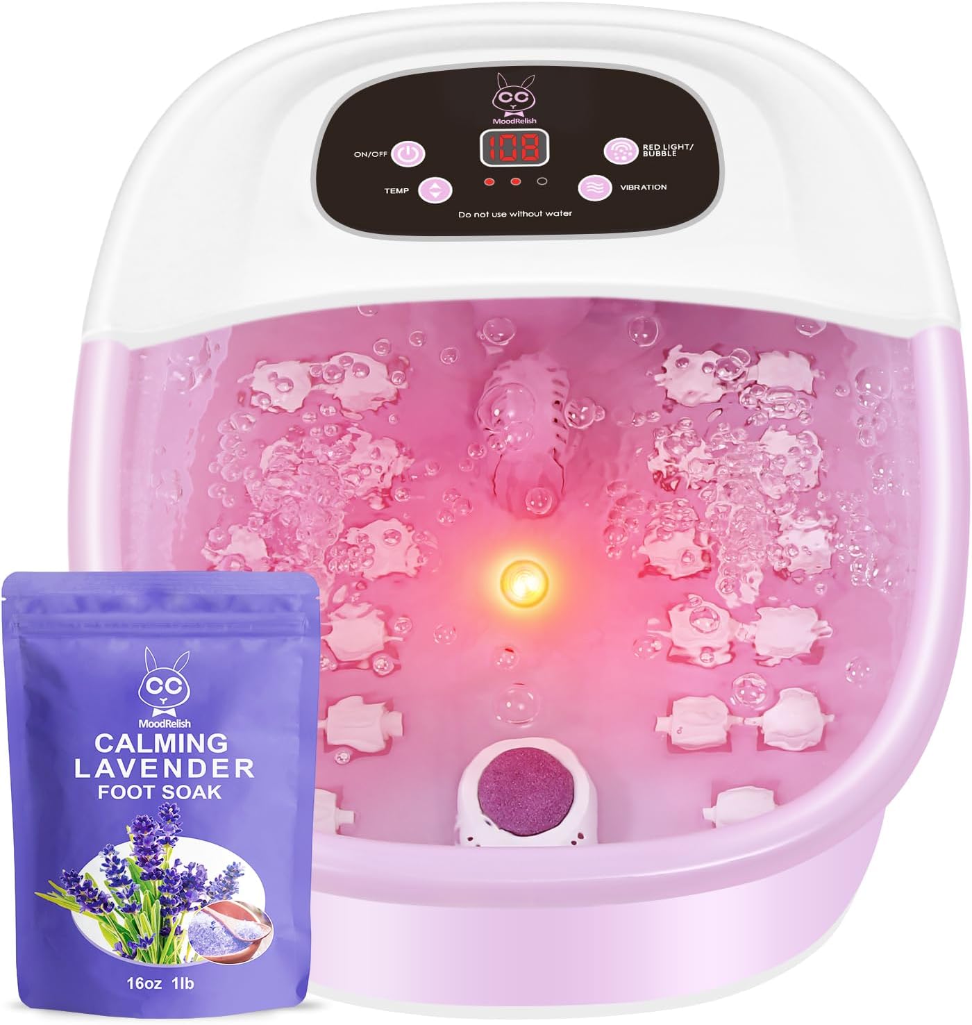 MoodRelish Foot Spa Bath Massager with Heat Bubbles and Vibration Massage and Jets, 16 OZ Calming Lavender Foot Soak Epsom Salt, Foot Soaker with Red Light, 22 Massage Rollers, Adjustable Temp - Pink