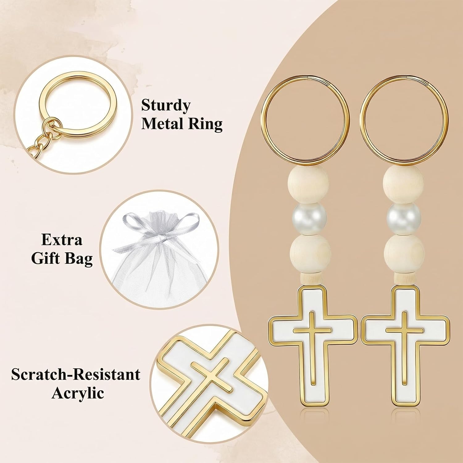 24 Pack Rosaries In Bulk, Baptism Favors for Guests with White Organza Bags, Religious Rosary Beads with Cross Crucifix Keychains for First Communion, Baptism, Christian Events, 3.74 x 0.79 in
