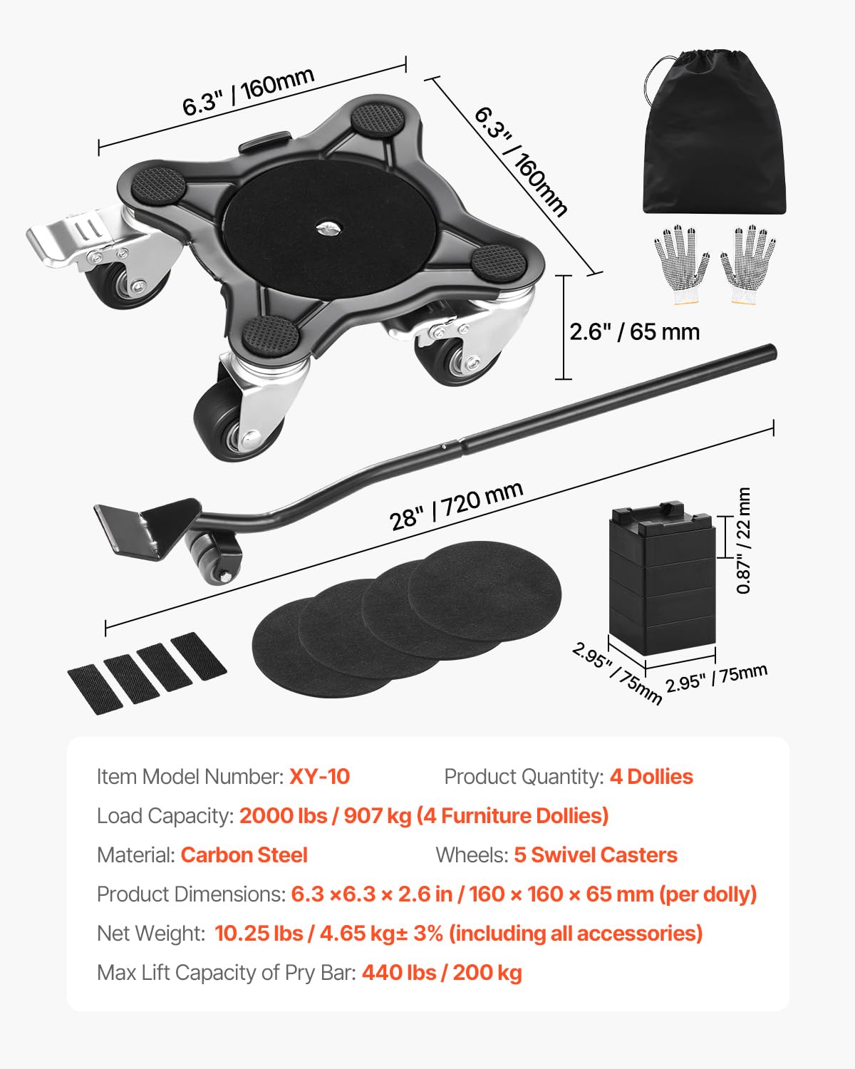 VEVOR Chariot de Déménagement 4PCS Déplace Meubles Lourds Capacité Charge 544 kg 5 Roues Rotatives 360° Plateau Roulant Manutention Déménageur Acier Carbone pour Meuble Réfrigérateur Canapé Armoire