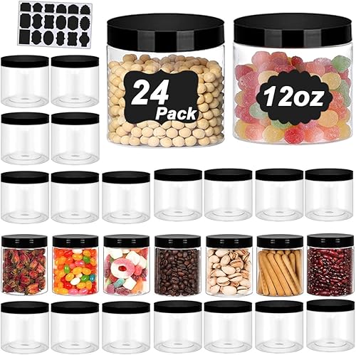 Paquete de 24 tarros de plástico con tapas, tarros de plástico PET de 12 onzas, tarros redondos de plástico para almacenamiento de limo de gran
