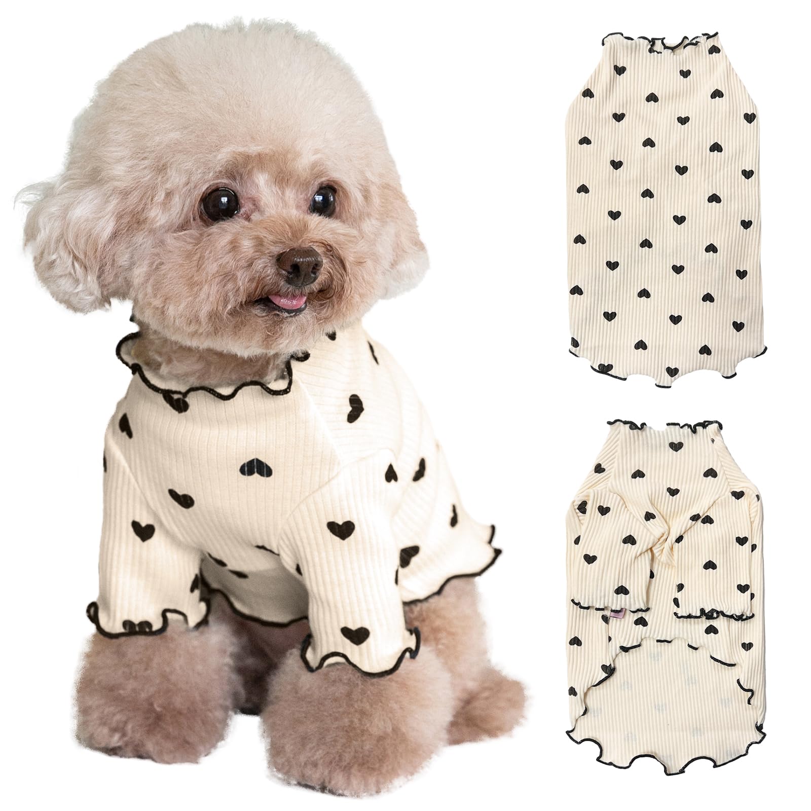 Yaopelky Ropa para mascotas para perros pequeños y gatos, camisa con estampado de corazón para verano, otoño, con volantes, manga larga, trajes para chihuahua, schnauzer, Shih Tzu Yorkie (café, S)