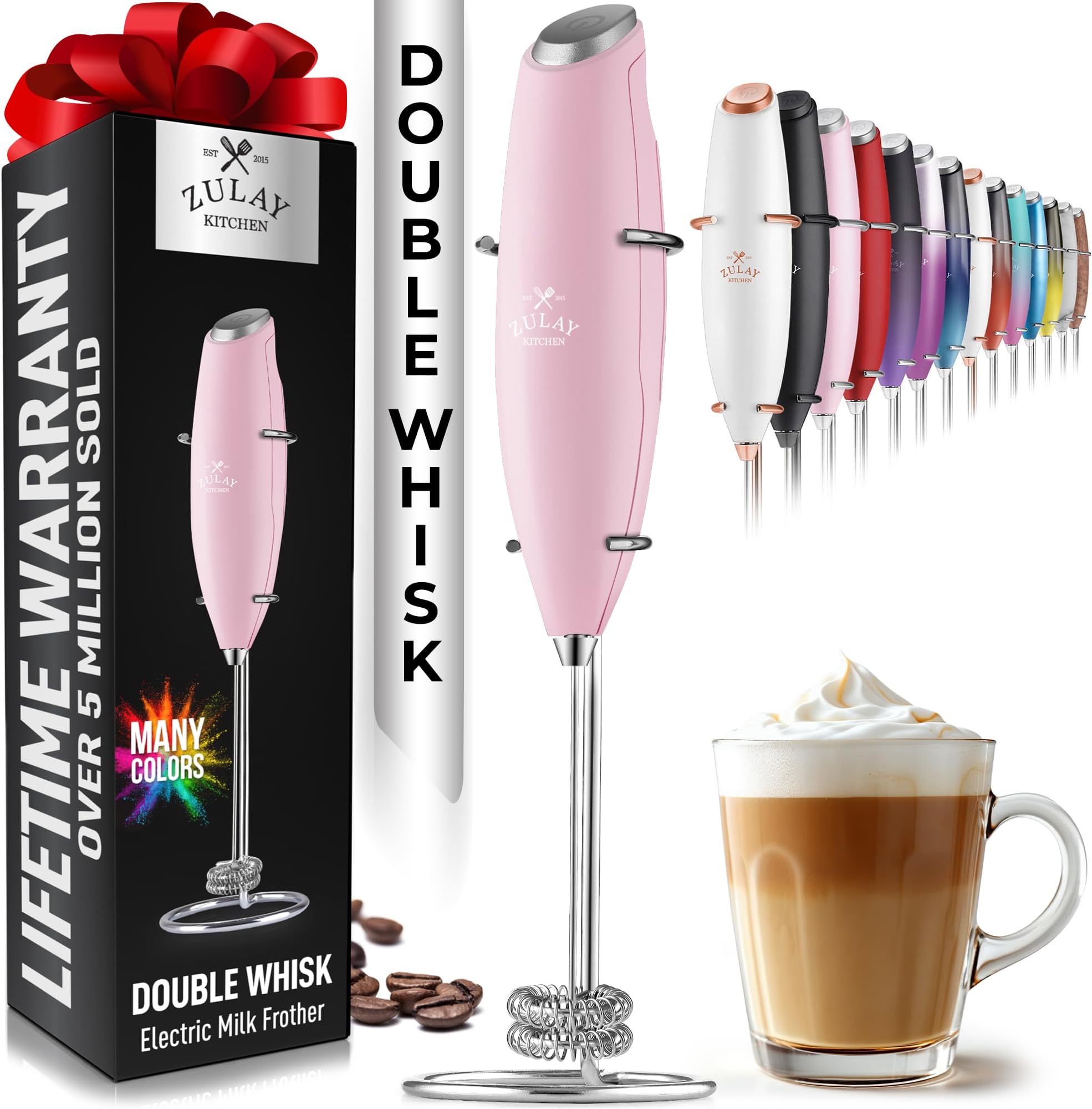 Zulay Double Whisk Milk Frother Handheld- High Powered for Coffee with Improved Motor - Electric Drink Mixer for Cappuccino, Frappe, Matcha & More, (Cotton Candy)