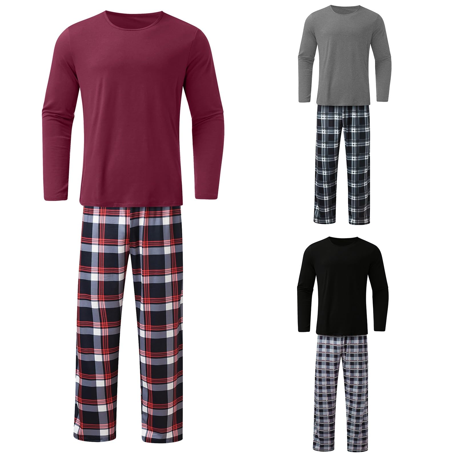 Pijama para hombre de dos piezas largo de algodón, juego de pijama térmico y cálido, ropa de dormir de manga larga y pantalones de pijama a cuadros, ropa de dormir para invierno, otoño, ropa
