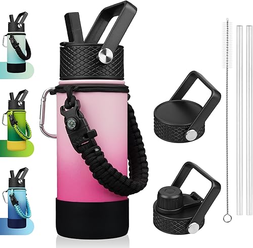 Miniatura 42 de BJPKPK Botella de agua aislada con tapa con popote, frascos térmicos de 22 onzas con 3 tapas, mango de paracord y bota antideslizante, vasos de