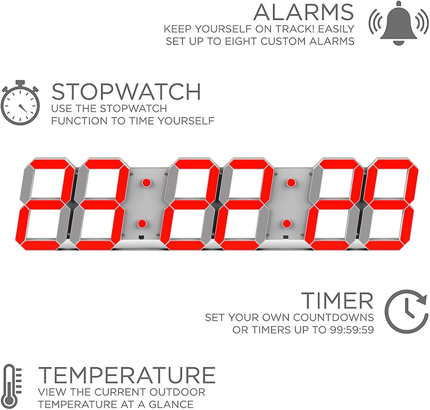 LED Digital Clock- Hollow-Carved Design, Countdown/Up + Alarms + Temp + Timer, Automatic Time Synchronization, Great Choice for Gym Home Office Seniors (Color : Red)