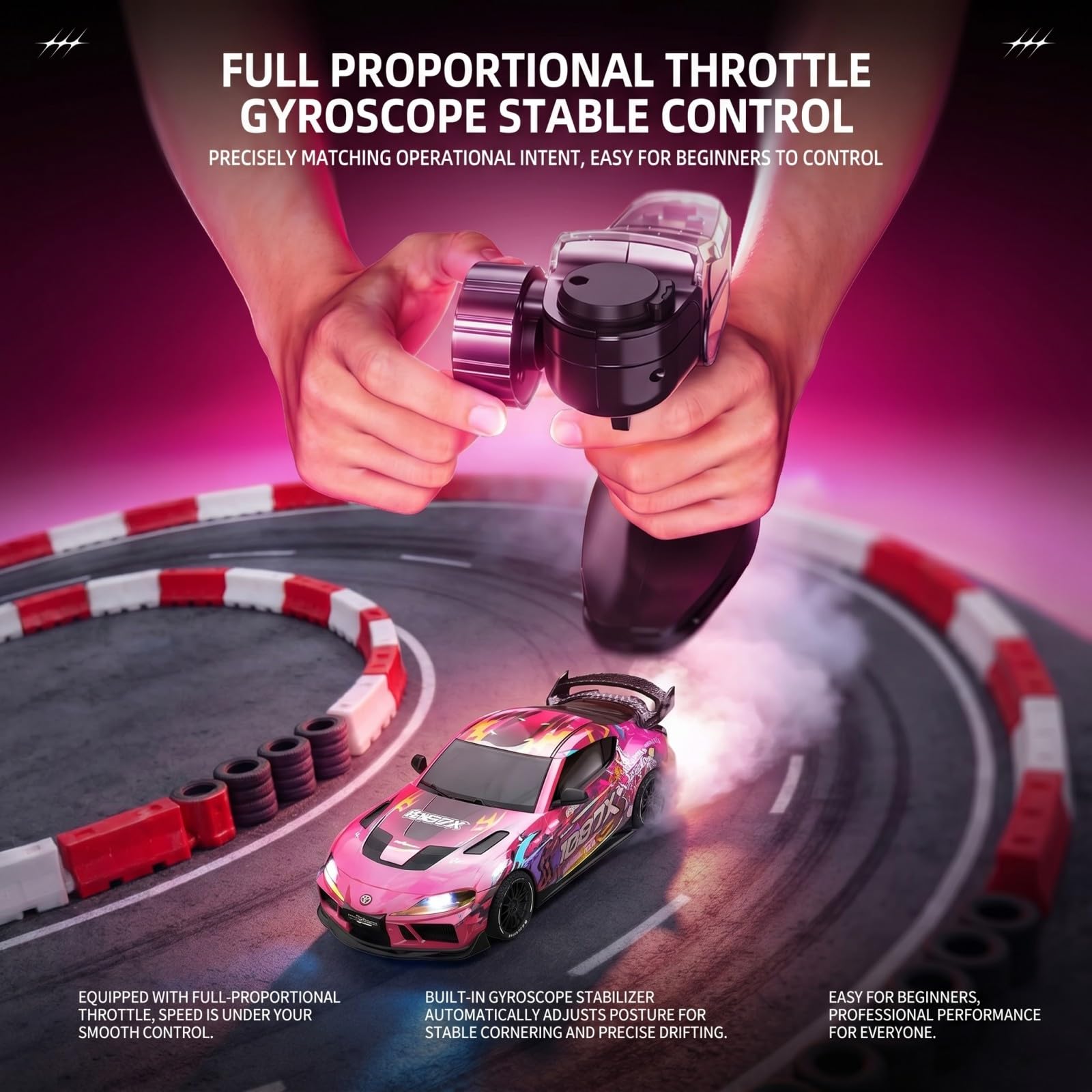 Coche teledirigido 1:43 RC con giroscopio, 2,4 GHz Full Proportional telecontrol, Mini Racing Drift Car con luz LED, vehículo de deriva de alta velocidad, color rosa