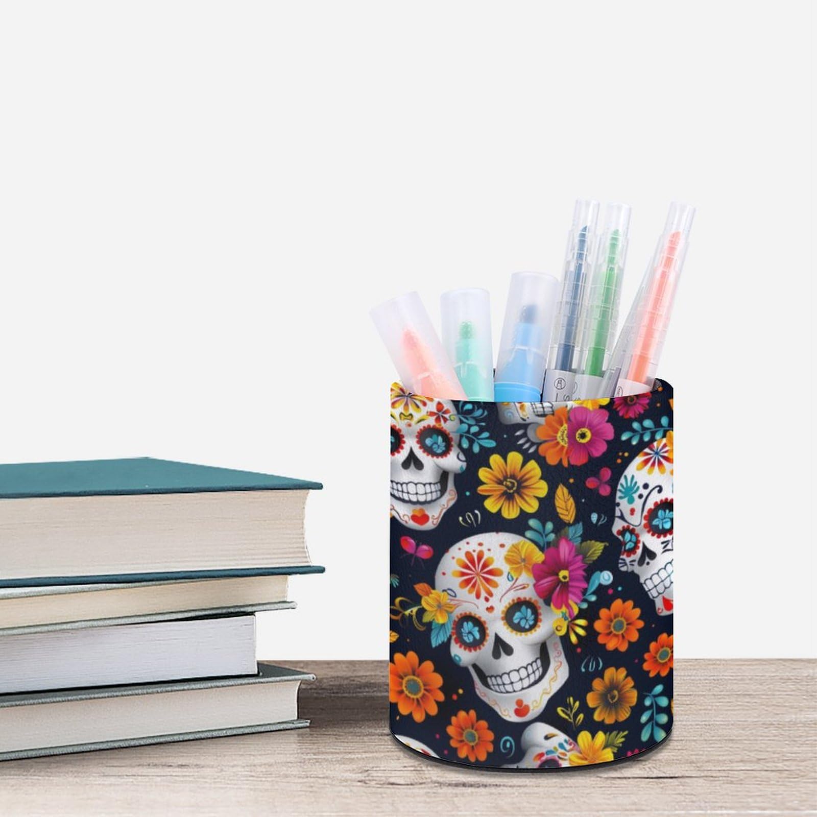 Pot à crayons rond en cuir tête de mort mexicaine - Organiseur maquillage bureau multifonctions