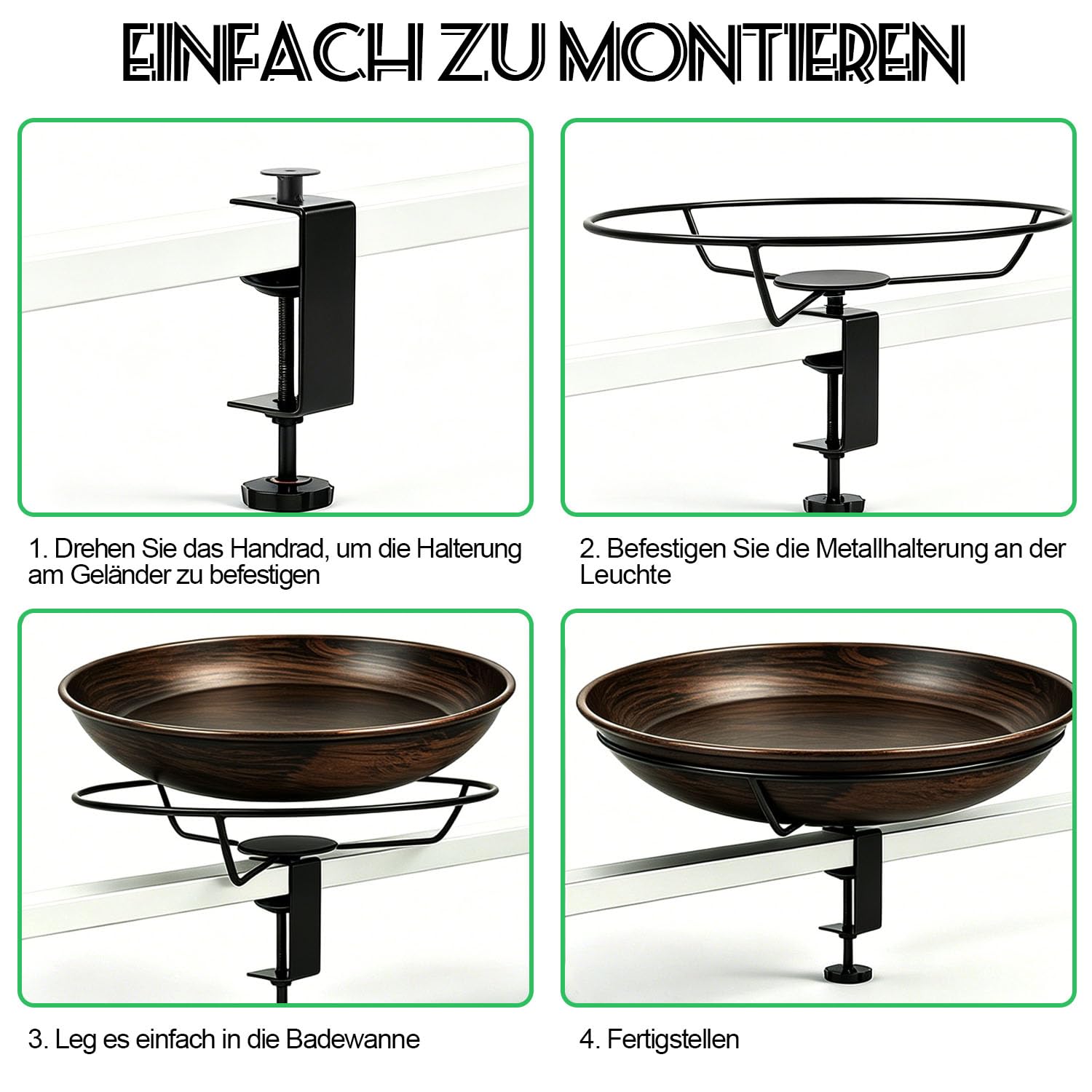 YU0LYEF Metall Vogeltränke für Balkongeländer, 30 cm Winterfest Vogelbad, Wetterfeste Wassertränke für Garten und Balkon, Vintage Design