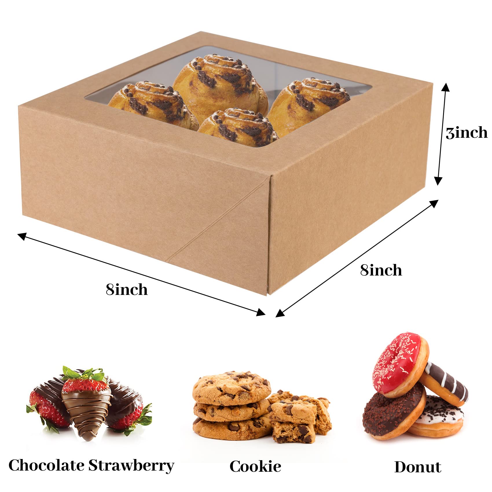 NPLUX 8x8x3 inch Bakery Boxes with Window Kraft Cookie Boxes for Chocolate Covered Strawberry Macaron Donut Breakable Heart (30 Pack,Brown)