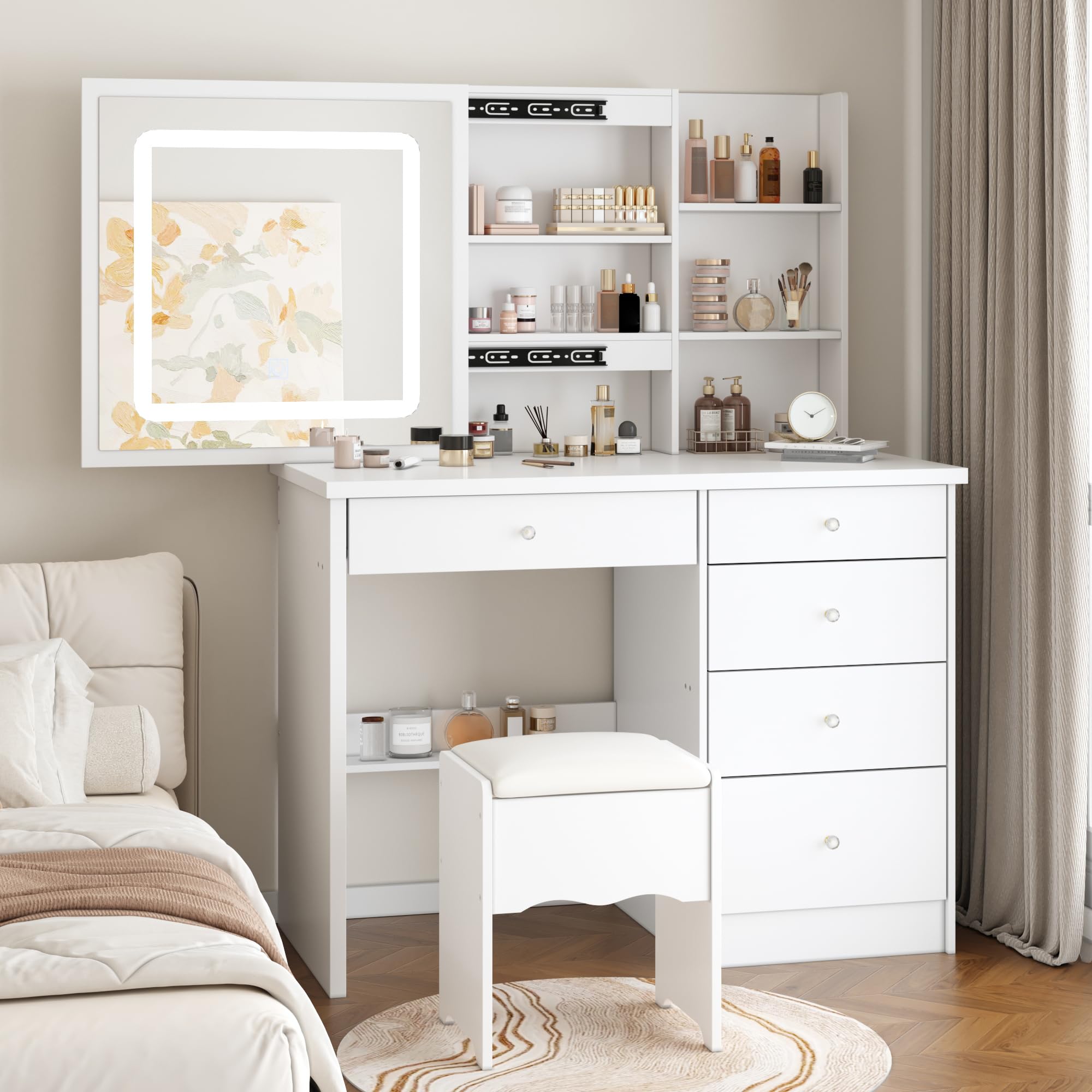 PREMTURE Dressing Table & Stool Set with 3 Colours Sliding LED Lights Mirror, Vanity Desk Set with Large Storage Space, 100W x 50D x 135H cm Makeup Table with 5 Drawers for Bedroom Furniture (White)