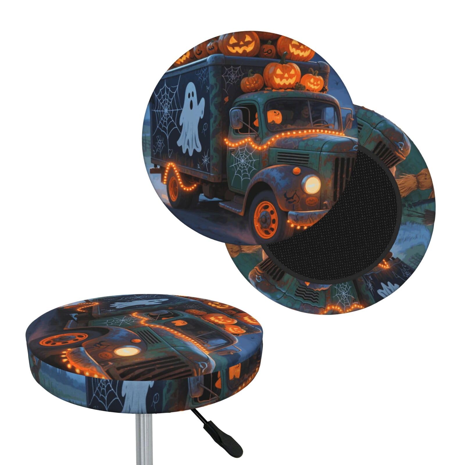 FekiLoot Halloween Truck Round Bar Stool Covers Stretch Washable Bar Stool Covers Dustproof Slipcover Bar Chair Covers with Elastic Band for Bar Kitchen Living Room Decor 14 Inch
