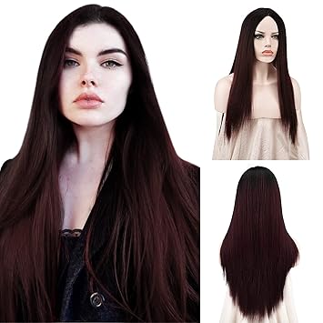 Sofeiyan Burgundy Long Straight Wigs for Women Middle Part Synthetic Hair Replacement Wig Daily Party Cosplay Hair 26 Inches