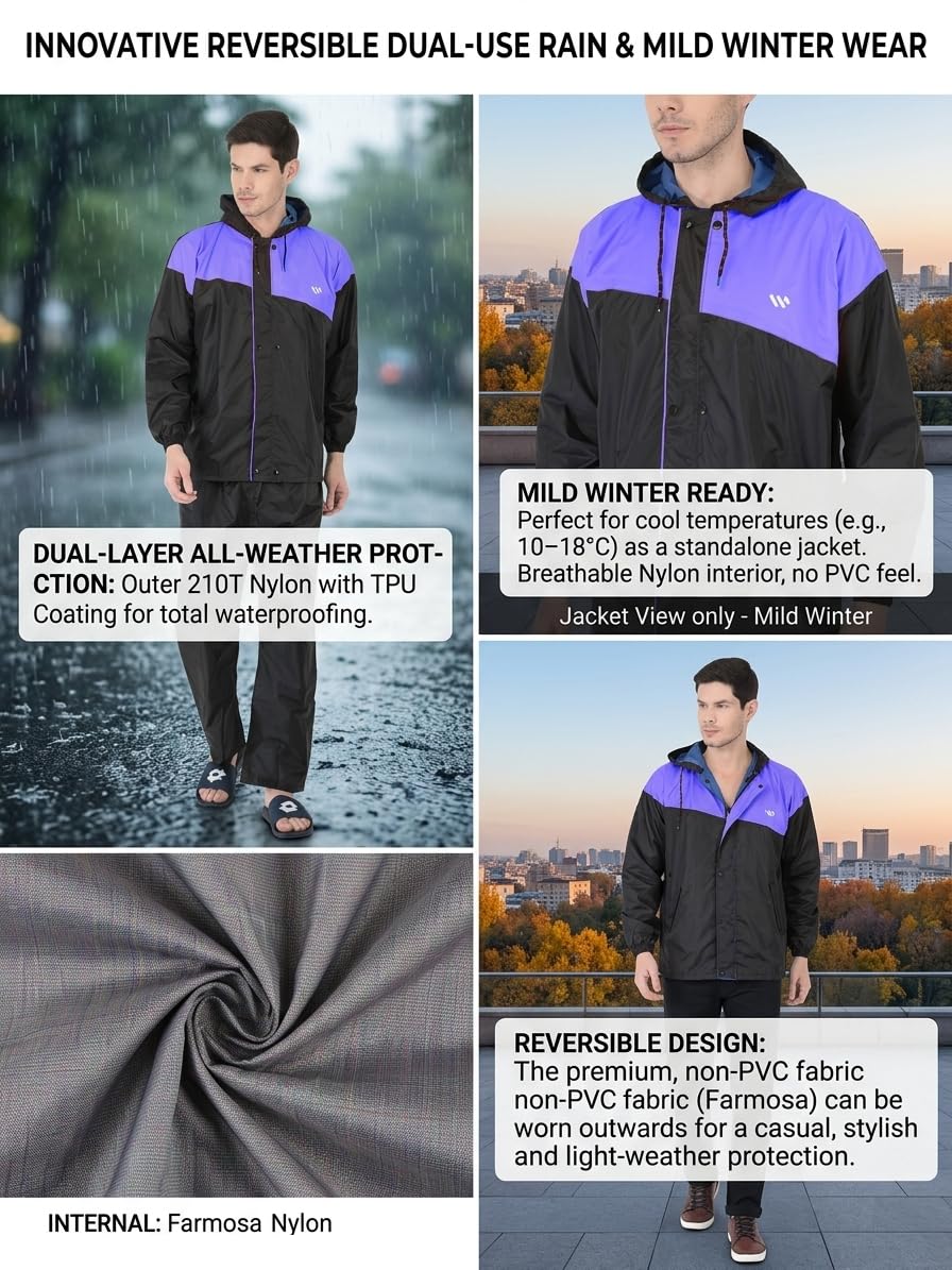 Wet Off Hood® Men's Waterproof Rain Suit | Reversible Nylon Set with Adjustable Hood | Reflective Strip & Small Backpack Space-Ready Fit 2