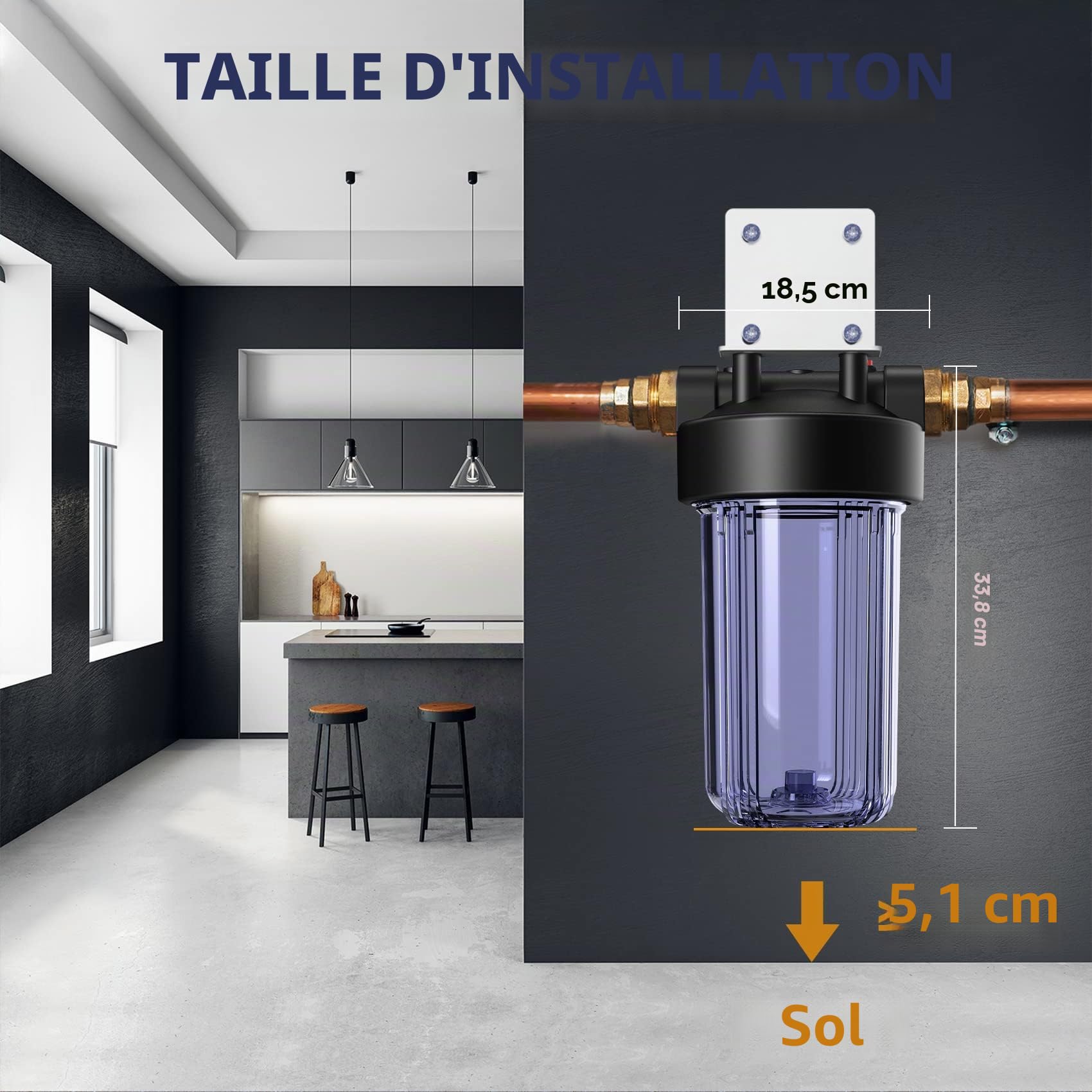 SimPure DB10C Système de Filtration d'eau Domestique avec Support de Fixation et Clé, pour Toute la Maison, Taille 10" x 4,5", Entrée/Sortie 1"