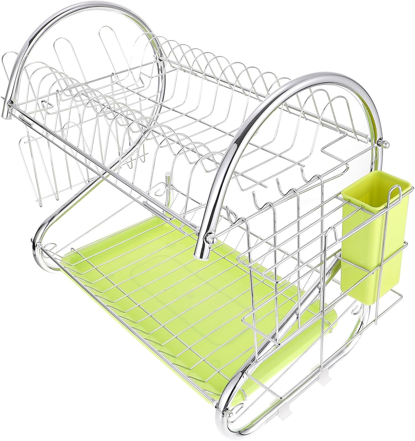 Multifunctional Double-Tier Dish Drying Rack Iron Kitchen Dish Rack with Single Tray Green for Countertop Dishware Organization