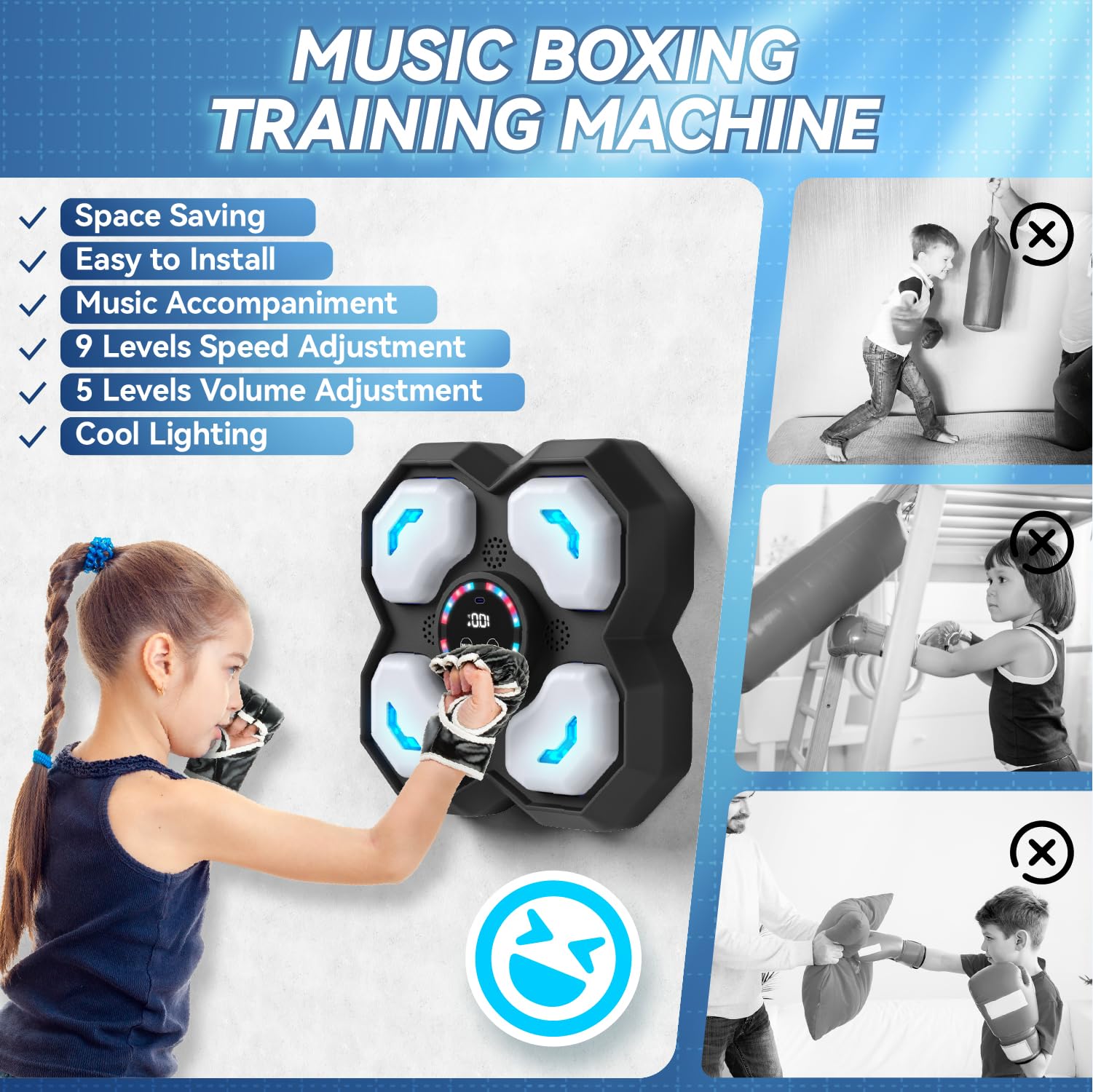 snookids Music Boxing Machine für Kinder, LED Licht Elektronische Boxmaschine mit Boxhandschuhe, Smart Music Punch Sport Geräte mit 9 Geschwindigkeitsmodi, Lautstärkeregelung, Zählmodus