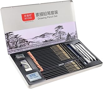 NYONI Sketching Pencils Set, Iron box packaging, Including Graphite & Charcoal Pencils and Blending Stumps etc.(A set with 29pieces)
