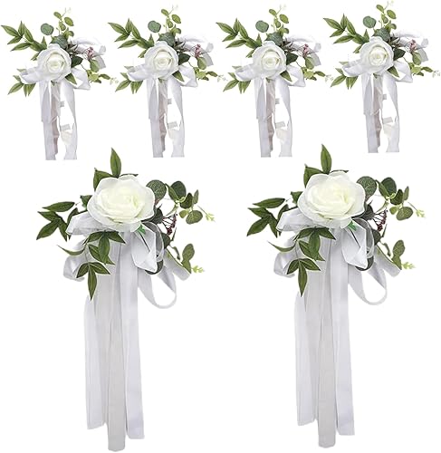 Miniatura 2 de Decoraciones de pasillo de boda, 6 rosas artificiales con cinta para decoración de pasillo de boda, decoración de silla de flores para bodas y