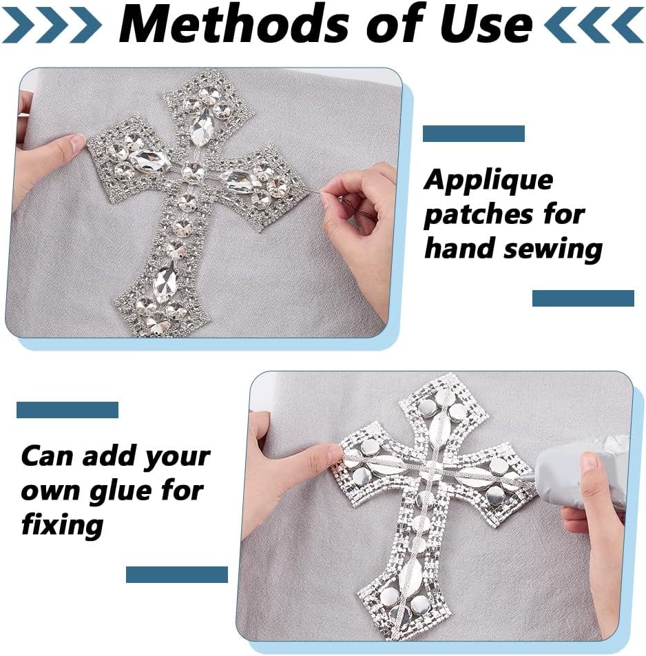 FINGERINSPIRE 6.5x8.66inch Rhinestone Cross Applique Silver Crystal Rhinestones Cross Patch for Clothing Decoration Metal Base Sparkling Rhinestone Sew On Patch Elegant Design for DIY Crafts