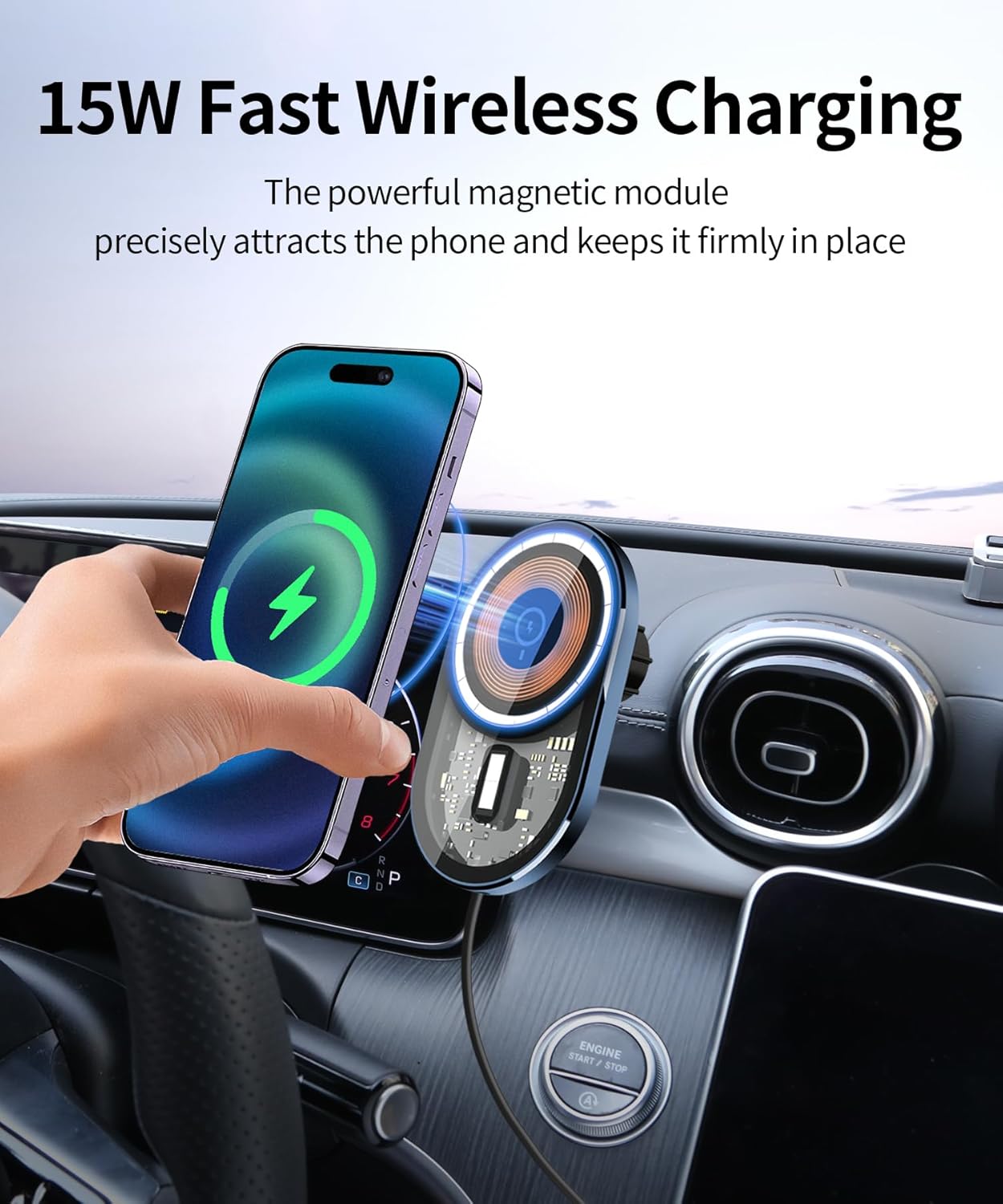 Wireless Charging car Phone Holder for Mercedes Benz GLC-Class 2023-2025/C-Class 2022-2025 Accessories 12.3 inch Screen Fixed Clip,360° Rotation car Phone Mount Compatible with MagSafe