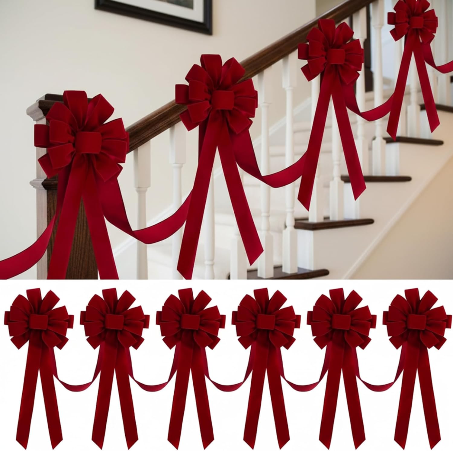 14 ft christmas bows garland for stairs decoration xmas fence outdoor decor 6 pcs 24 x 12 inch large christmas velvet bows for xmas party indoor outdoor fireplace mantle supplies(burgundy)