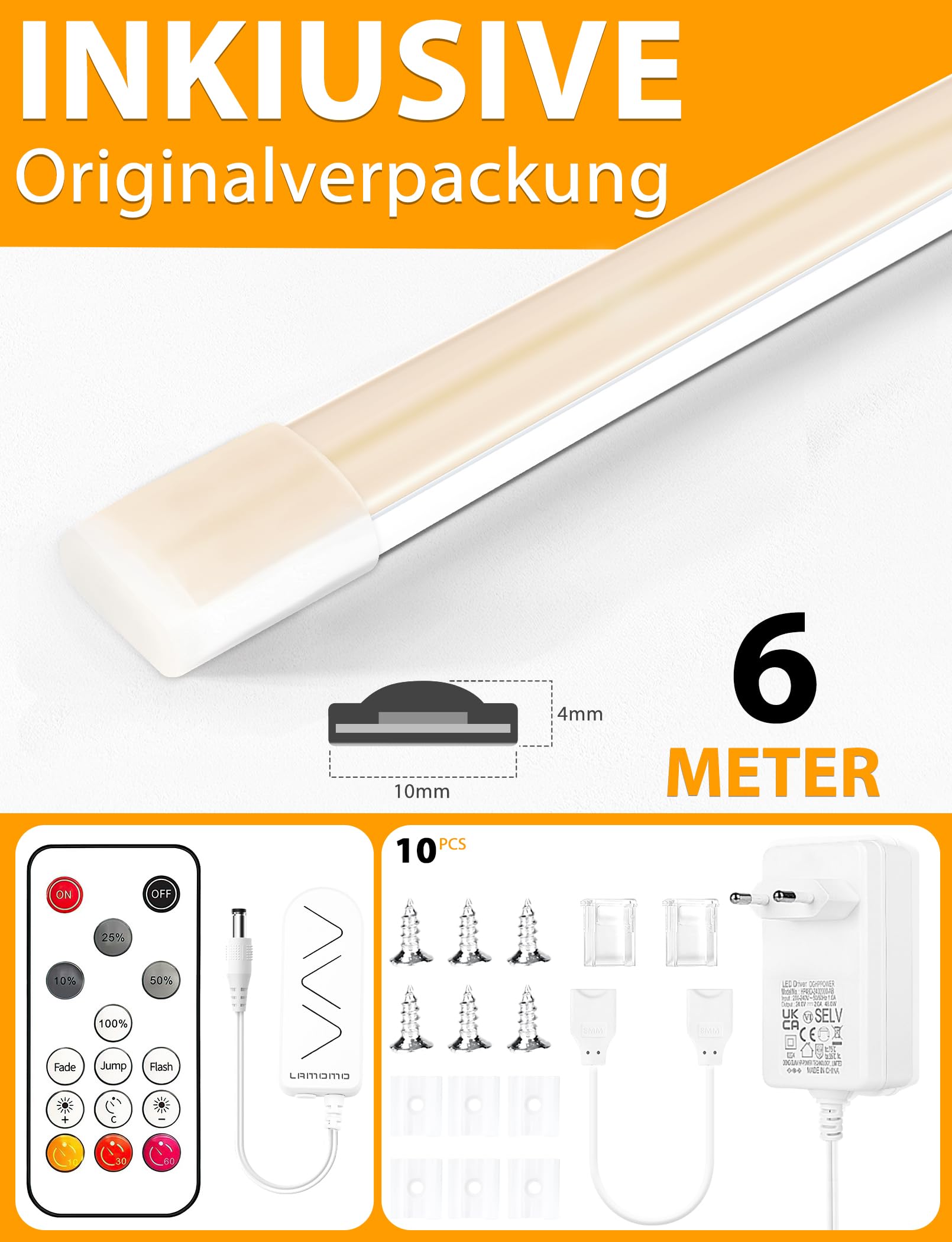 Lamomo Striscia LED COB, luce bianca naturale, dimmerabile, 6 m, con telecomando, 4000 K, autoadesiva, impermeabile, larghezza 10 mm, striscia luminosa flessibile in silicone per interni e armadi