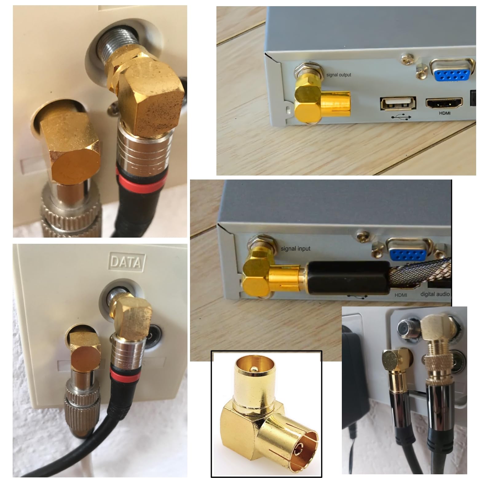 JZK 2X Adaptateur coaxial PAL mâle vers Femelle, plaqué Or, coudé à 90°, Compatible avec antennes, câbles Satellites, câbles TV, DVB-T et DVB-T2 HD