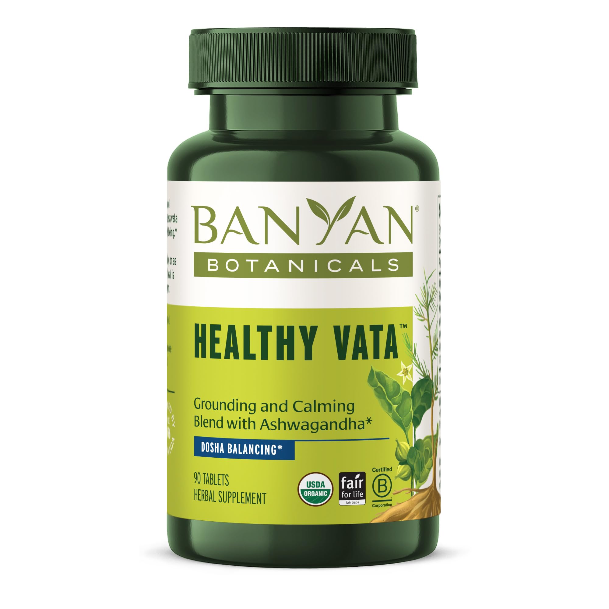 Banyan Botanicals Healthy Vata – Organic Herbal Supplement with Ashwagandha, Shatavari & Other Ayurvedic Herbs for Calm and Balanced Well-Being* – 90 Tablets – Non-GMO Sustainably Sourced VeganUSDA Organic