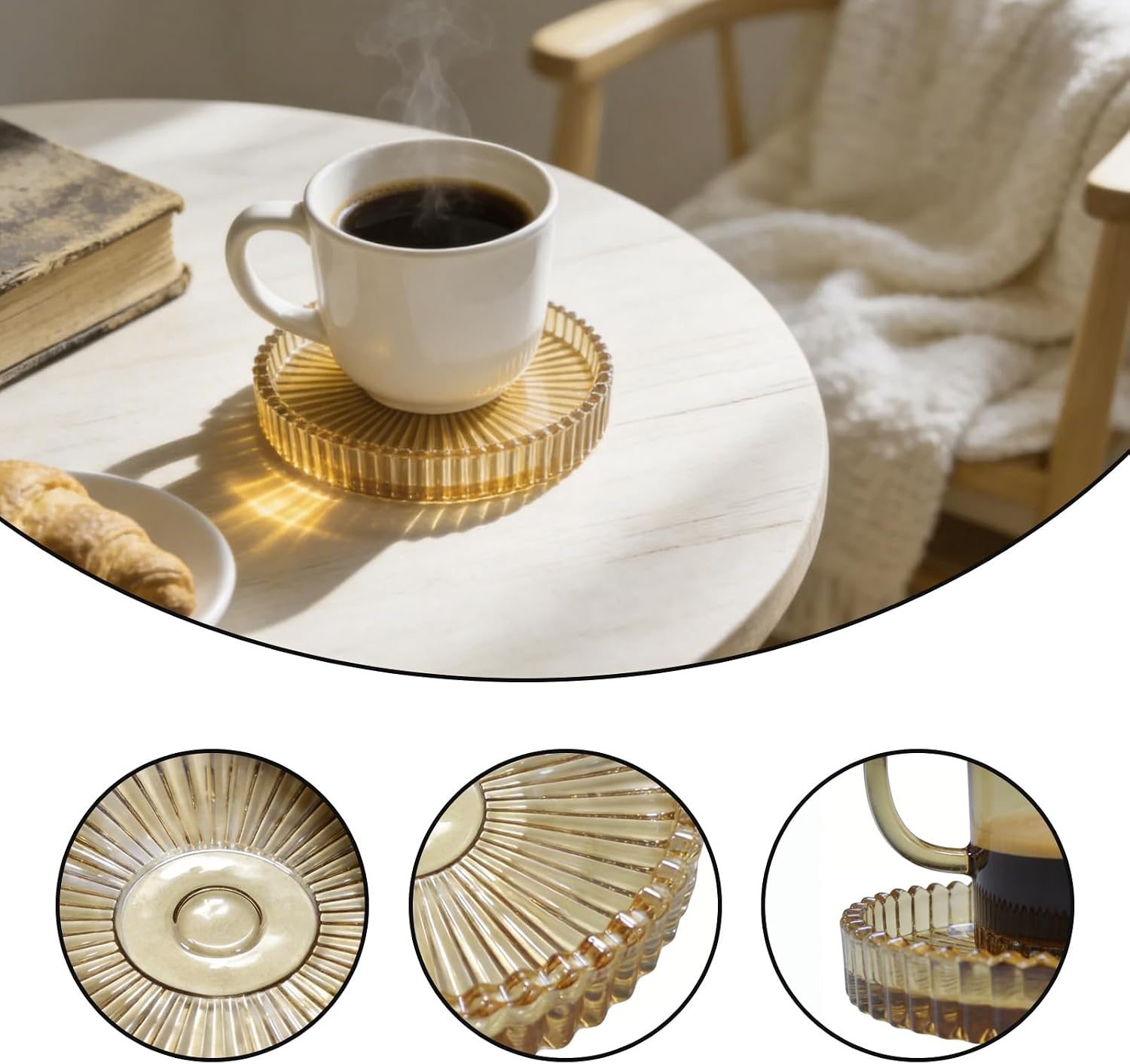Glass Coasters, Glass Coasters for Drinks,8-Piece 4-Inch Amber Ribbed Glass Drink Coasters,Heat-Resistant Decorative Coasters for Cups & Mugs, Kitchen, Dining Table & Bar Countertop Accessories image 3