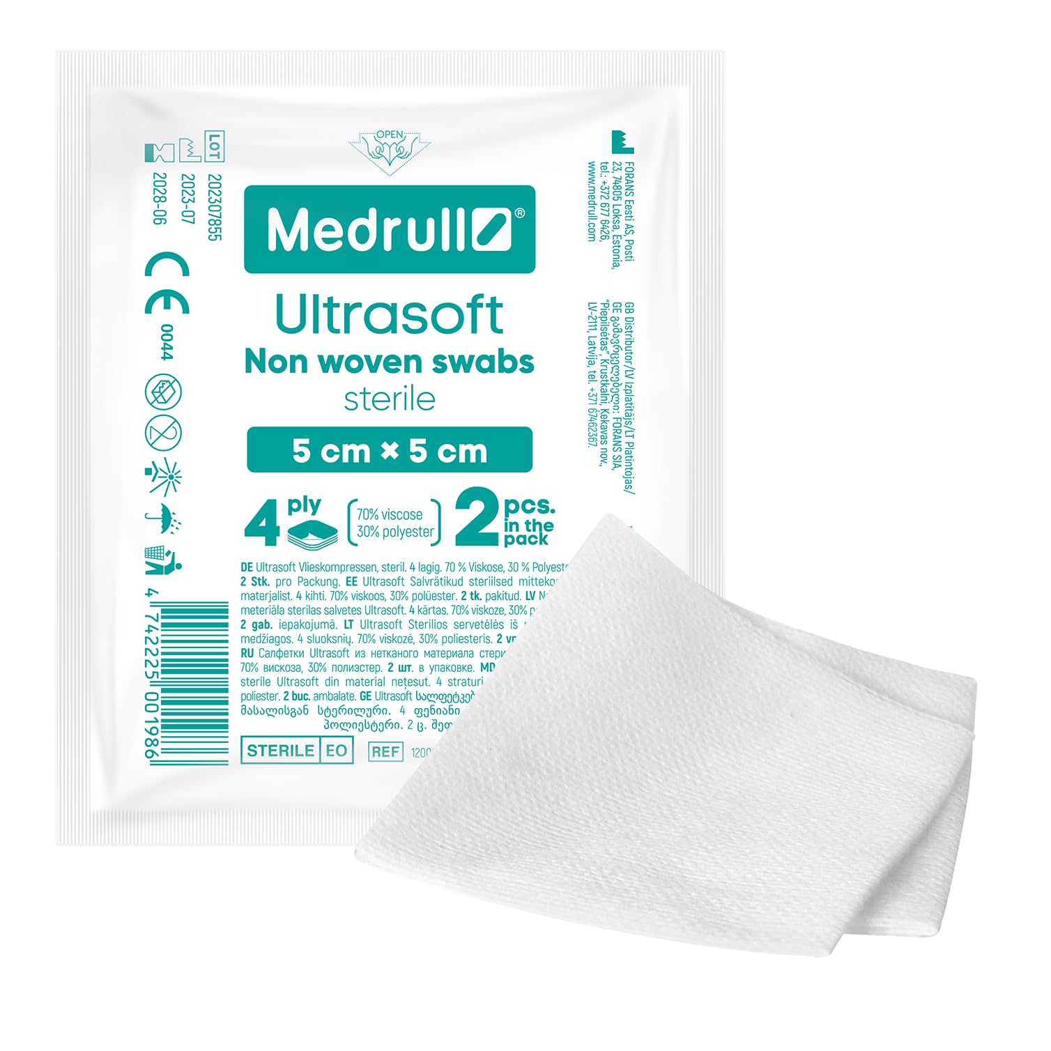 Medrull - Compresses non tissés stériles - Ultra doux - 4 épaisseurs - 5 cm x 5 cm - Lot de 40 compresses stériles non tissées (20 x 2 pièces) - Compresses absorbantes - Tissu de bandage