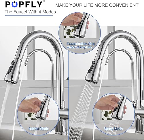 Miniatura 3 de POPFLY Grifo de cocina con grifo de agua potable, grifo purificador de filtro de agua 3 en 1, rociador extraíble de 3 funciones, material de latón,