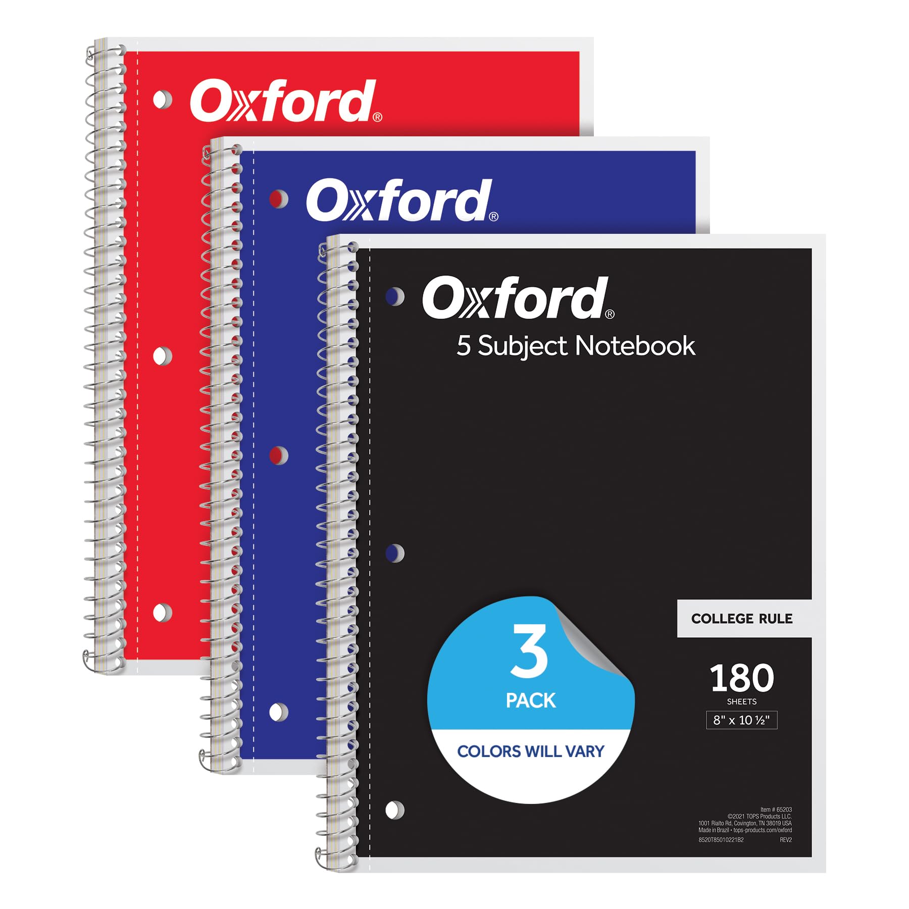 Spiral Notebooks, 3 Pack, 5 Subject, College Ruled Notebooks for School, 8 x 10.5 Inches, 180 Sheets, 4 Dividers, Assorted Colors, Back to School Supplies (65203)