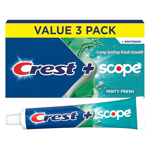 Crest + Scope Whitening Toothpaste - Pack of 3, 5.4 Oz Tubes - Anticavity Fluoride Toothpaste, Fresh Breath, Kills Germs - Tartar Protection, Enamel Protection - Minty Fresh Flavor