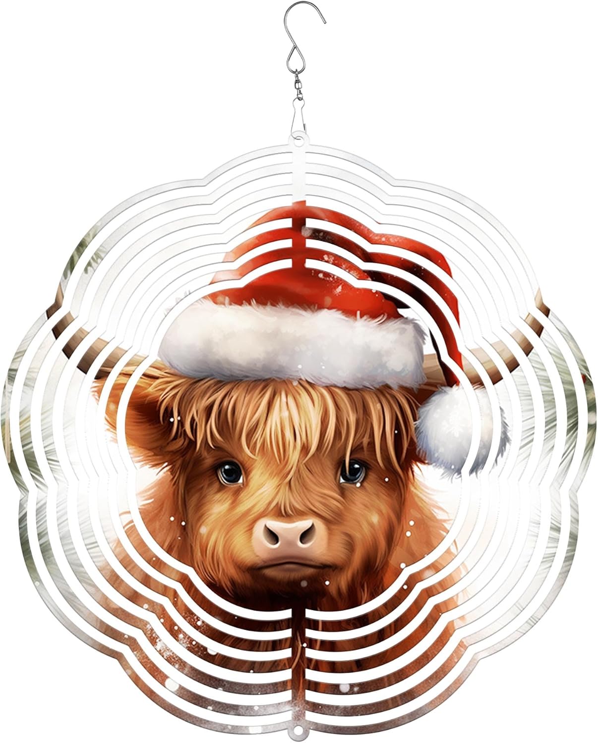 Highland Cow with Red Hat Christmas Wind Spinners 3D Stainless Steel Laser Cut Metal Double Sided Printing-Hanging Indoor/Outdoor Decorations Yard Gardening Decor,Metal Kinetic Art (14x14 inches)