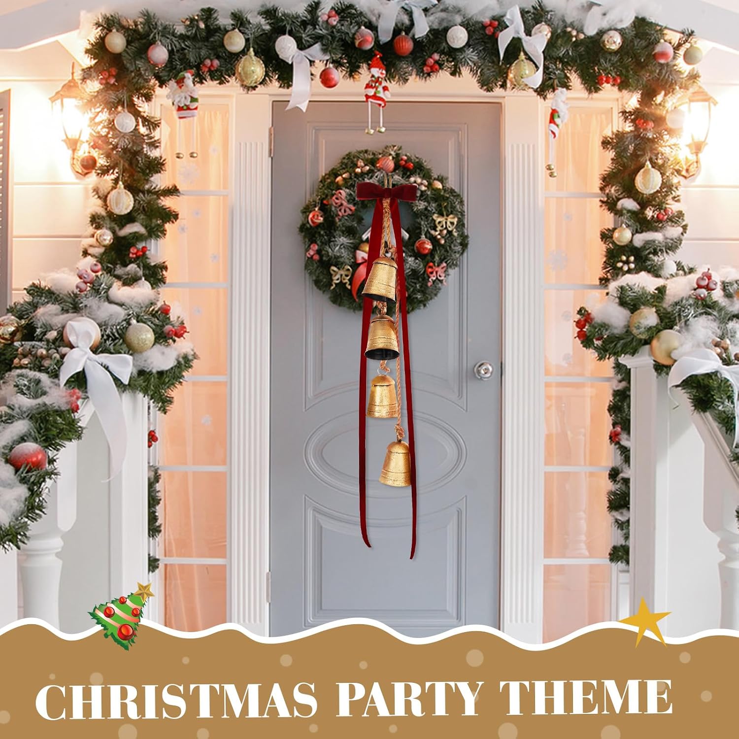 Civaner 1 Set Giant Christmas Bells with 30" Velvet Bow Xmas Tree Ornament Set of 4" x 3" x 29" Large Decorative Bell with Bow Jute Hanging Rope for Christmas Door Home DIY Craft (Burgundy,Classic)