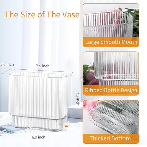 Miniatura 2 de Jarrón alto de cristal transparente  Jarrón cilíndrico acanalado de boca ancha  7.1 pulgadas lindo y moderno centro de mesa redondo grande