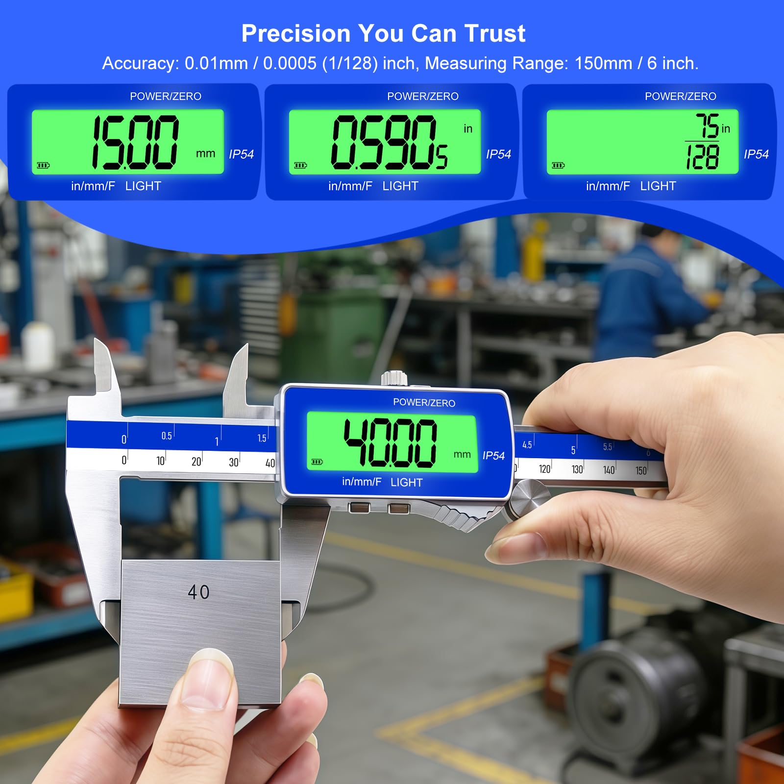 electronic calipers, IN/MM, waterproof electronic display, precise measurement.