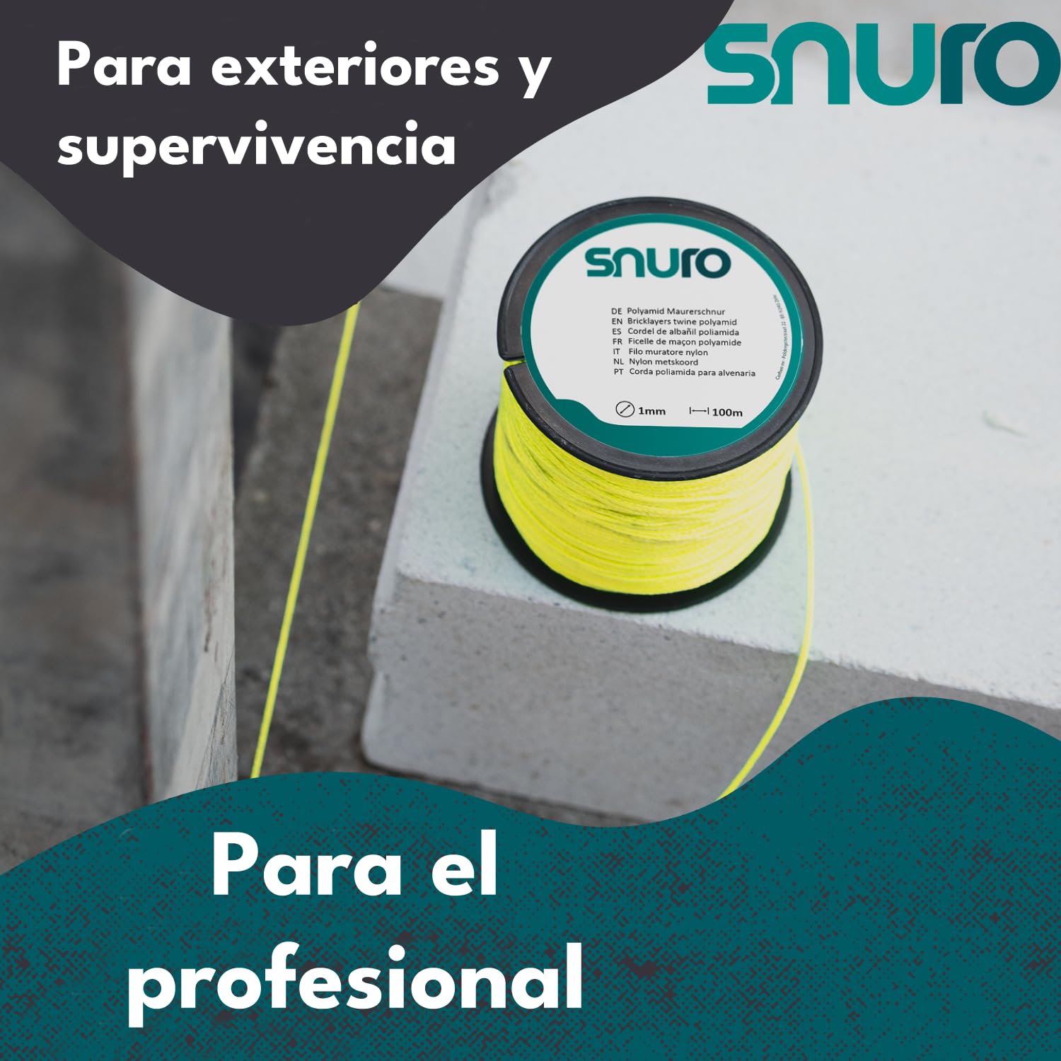 Cuerda de nailon (2 mm, 100 m, amarillo) – Cuerda de albañilería resistente fluorescente para cualquier aplicación – Cuerda resistente a la intemperie ideal para fijar – Fuerza de rotura 95 kg