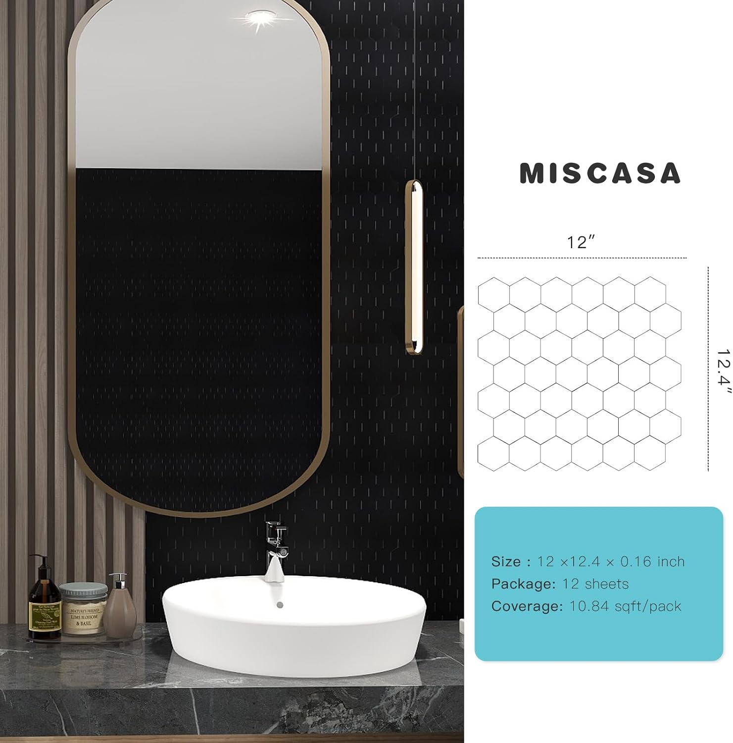 Peel and Stick Black Tile Backsplash, Hexagon Aluminum Composite Panel Self Adhesive Tile Backsplash for Kitchen (12 Sheets)