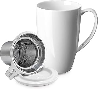 Sweese 15oz Porcelain Tea Mug with Infuser and Lid – Microwave Safe, Ergonomic Handle, Lead-Free Glaze, for Loose Leaf Tea White;